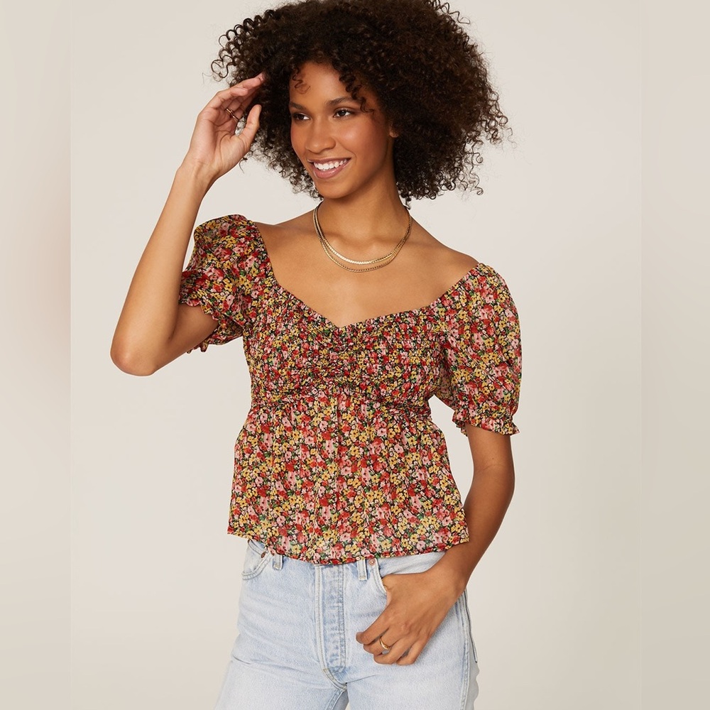 Louna Floral Smocked Puff Sleeve Cropped Blouse Size XS